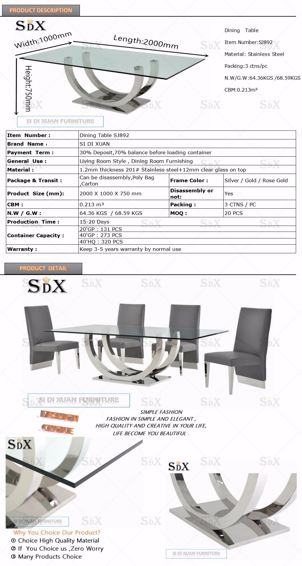 Modern UK Hot Sales Stainless Steel Dining Table and Dining Chair