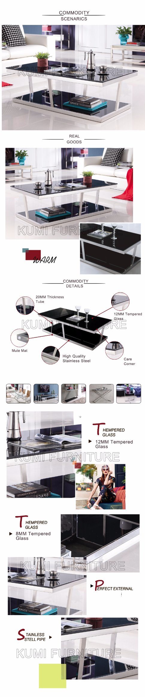 Tempered Glass Coffee Table with Stainless Steel Base