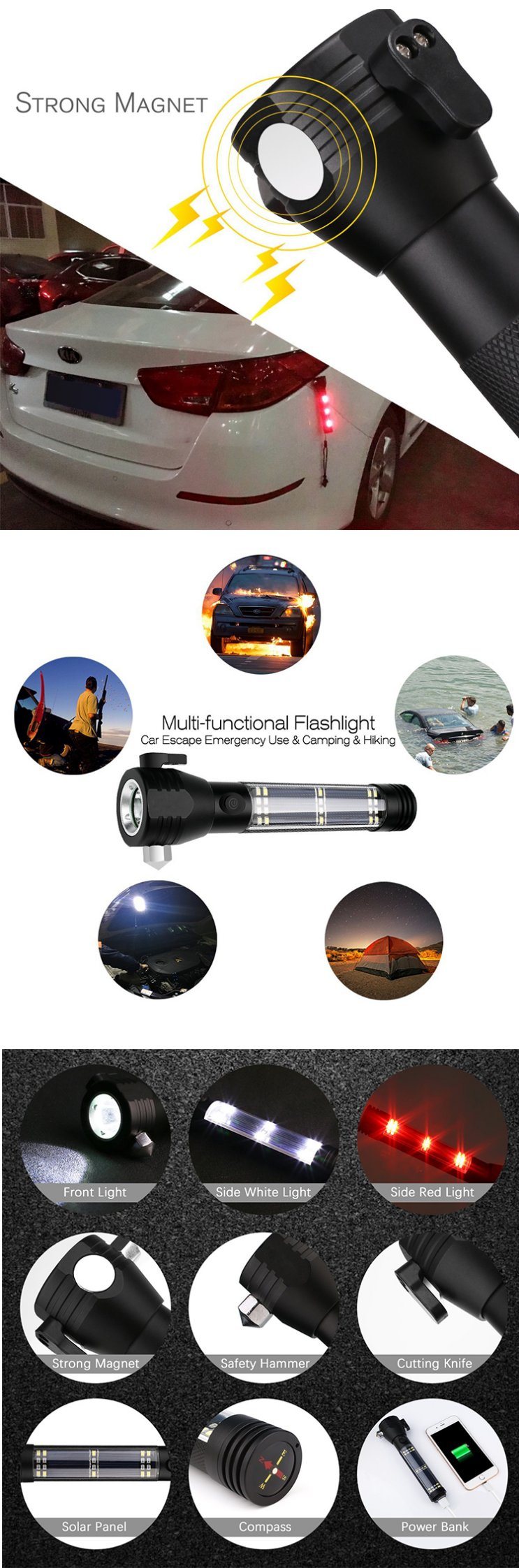 Multi-Functional Solar Flashlight Safety Hammer Light USB Rechargeable LED Torch with Cutting Knife