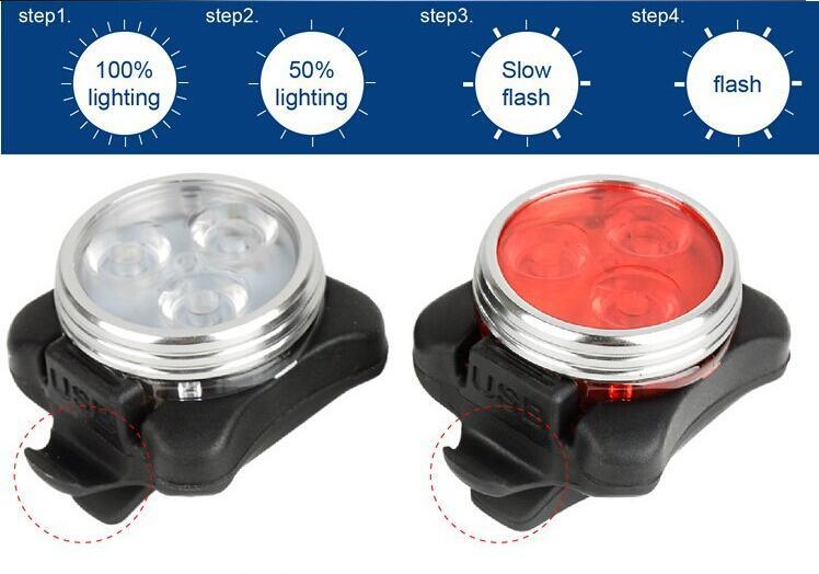 USB Rechargeable Hj-030 Bike Front Lighting Head Flash Torch Night Rear Tail Flashlight Warning Cycling Bicycle 3 LED Lamp Sport Light