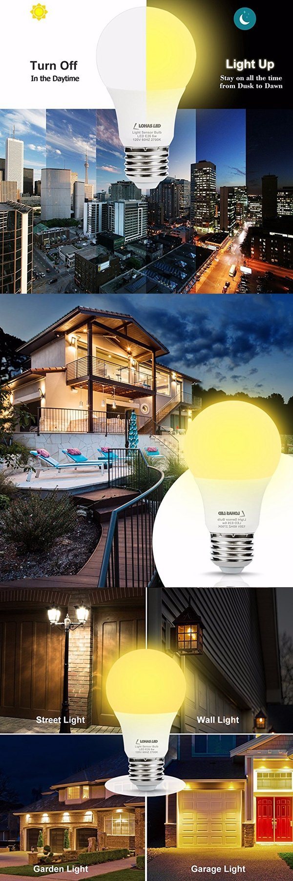 LED Dusk to Dawn Bulb Sensor Light Bulb, 6W A19 LED Warm White 2700K Automatic Light Sensor Bulb