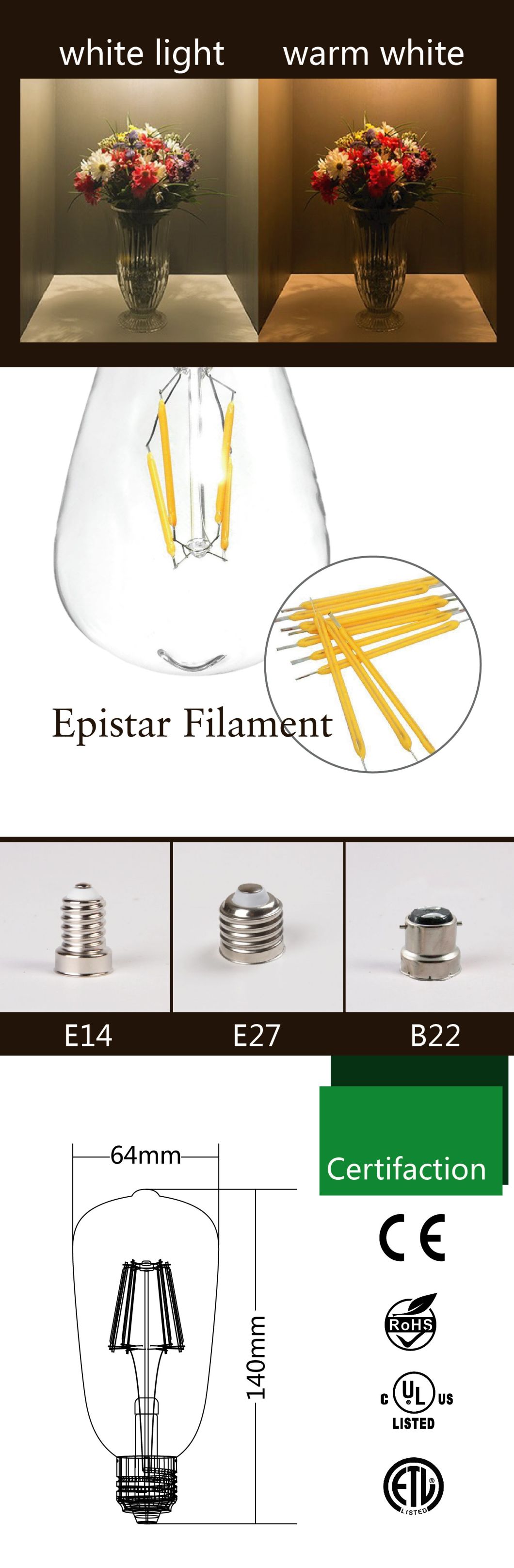 St64 E27 2W/4W/6W/8W Edistion LED Filament Light Lamp Bulb