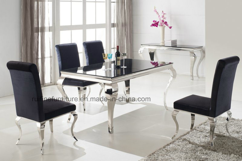 Modern French Style Dining Room White Mirrored Chrome Silver Louis Glass Dining Table Stainless Steel and Velvet Fabric Dining Chairs