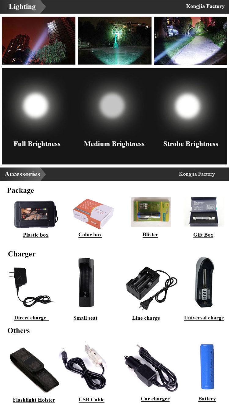 Factory Ultra Bright Powerful Rechargeable Aluminum 3W Rechargeable LED Flashlight