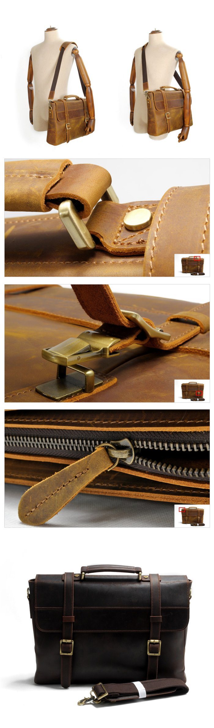 Vintage Brown Men Leather Messenger Laptop Bag Leather Briefcase