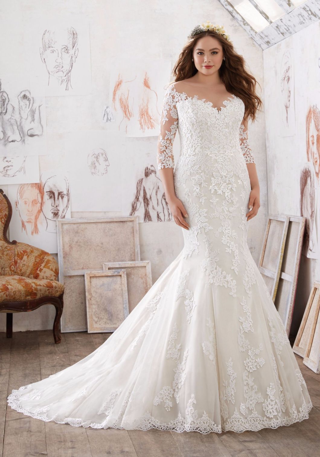 3/4 Sleeve Lace Plus Size Mermaid Bridal Wedding Dress Gown