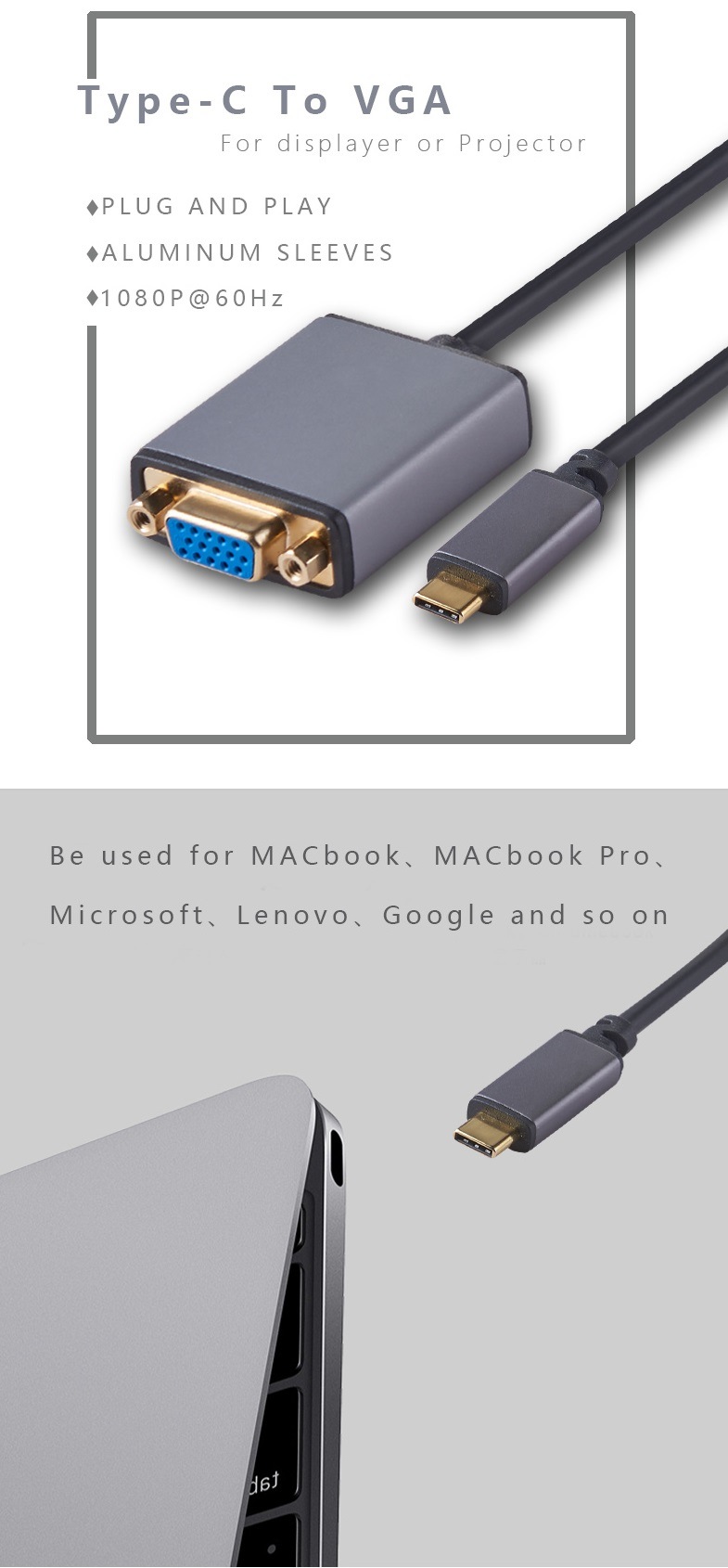 USB Type C to VGA Female Connector Cable with 1080P 60Hz