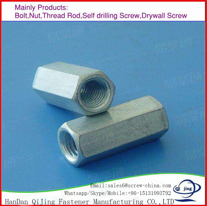 DIN 6334 Carbon Steel Long Hex Coupling Nuts Galvanized/HDG/Zinc White Plate