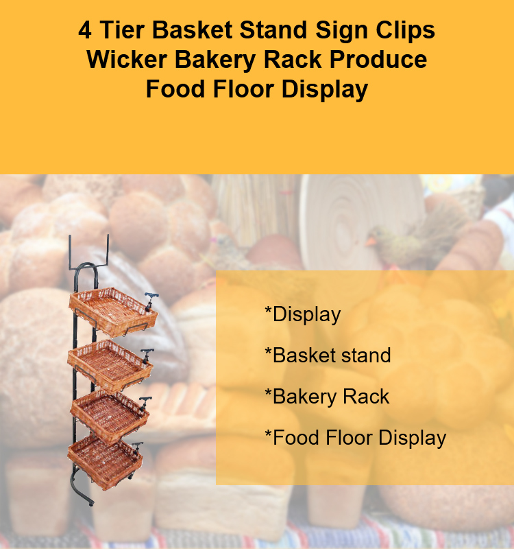 4 Tier Basket Stand Sign Clips Wicker Bakery Rack Produce Food Floor Display Rack