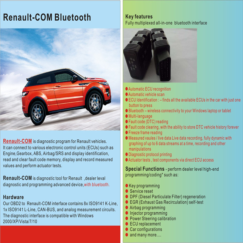 Renault-COM OBD Bluetooth Diagnostic Program for Renault Vehicles Super Diagnostic and Programming Tool