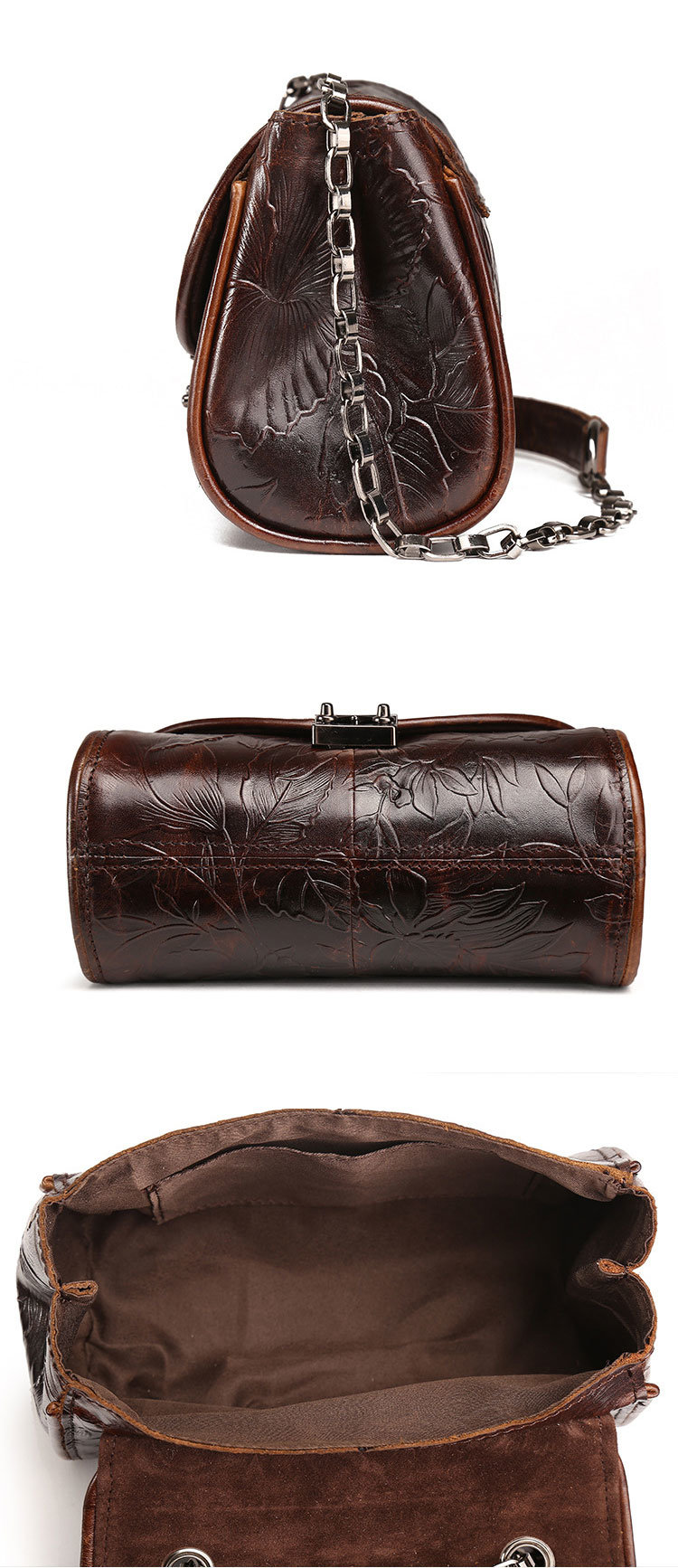 China Factory Cheap Price Embossed Flowers Pattern Brown Leather Sling Bag for Women