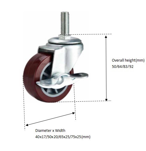 2.5 Inch Swivel Threaded Stem PU Caster with Side Brake 2.5