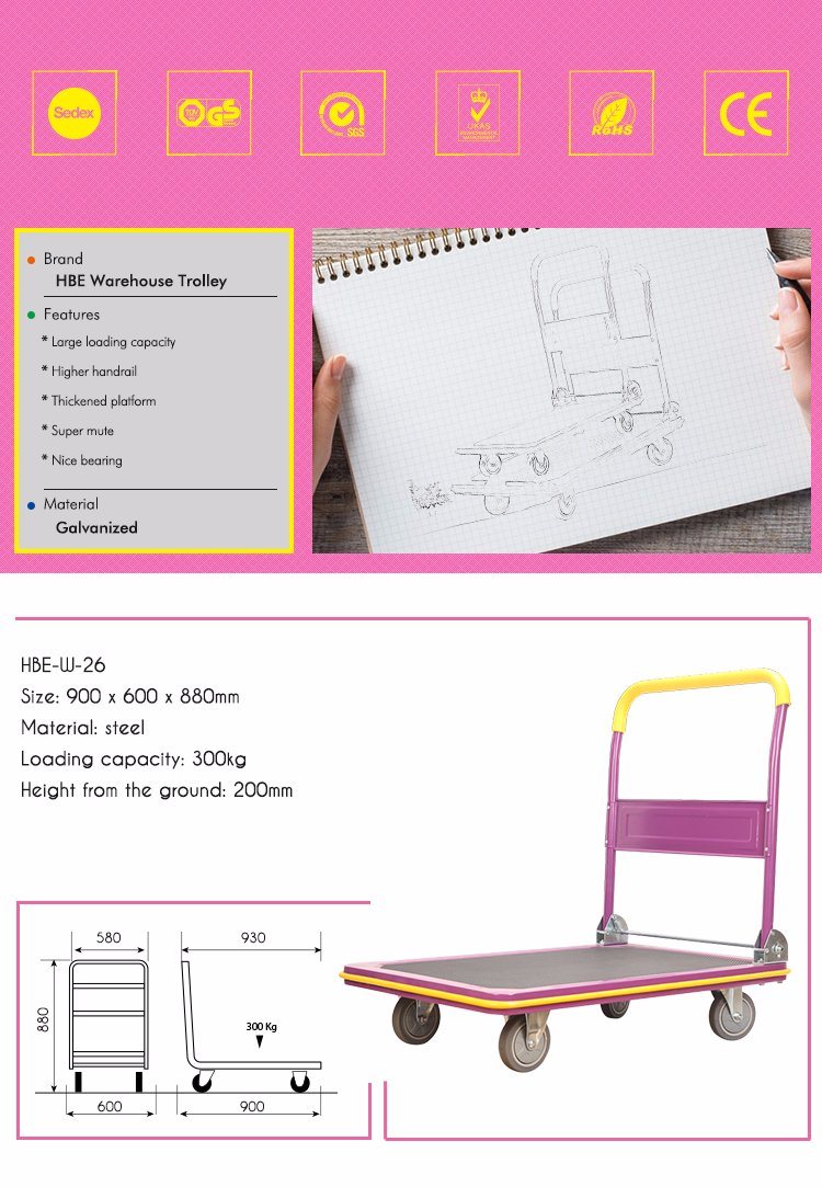 Folding Uni-Silent 300kg Low Noise Platform Warehouse Trolley with Fixed Handle