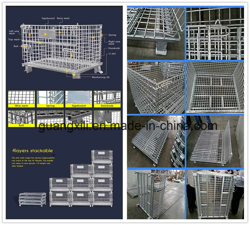 Warehouse Storage Folding Stacking Steel Wire Mesh Container with Casters