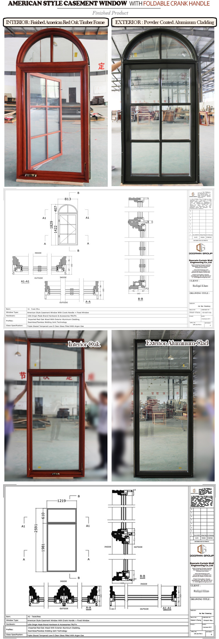 American Oak Wood Aluminum Crank Casement Window