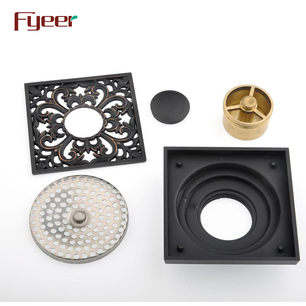 Fyeer Flower Design Bathroom Brass Black Floor Drain