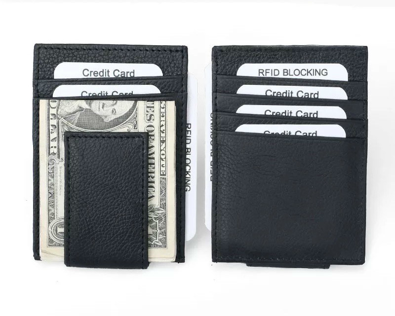 Genuine Cow Leather Anti RFID Credit Card Holder Wallet with Magnet Money Clip