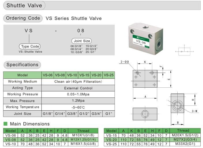 Vs-08 Pneumatic Shuttle Valve Pneumatic Valve