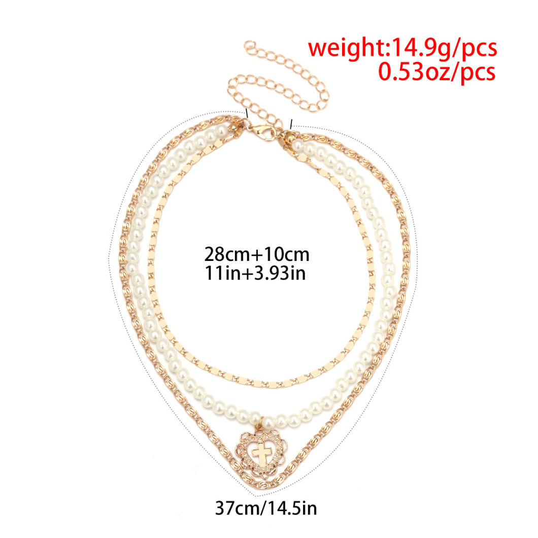 Latest Design Retro Women Exaggerated Pearl Cross Multilayer Necklace