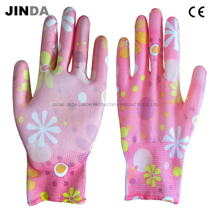 Flower Color Polyester Liner PU Coated Garden Safety Work Gloves