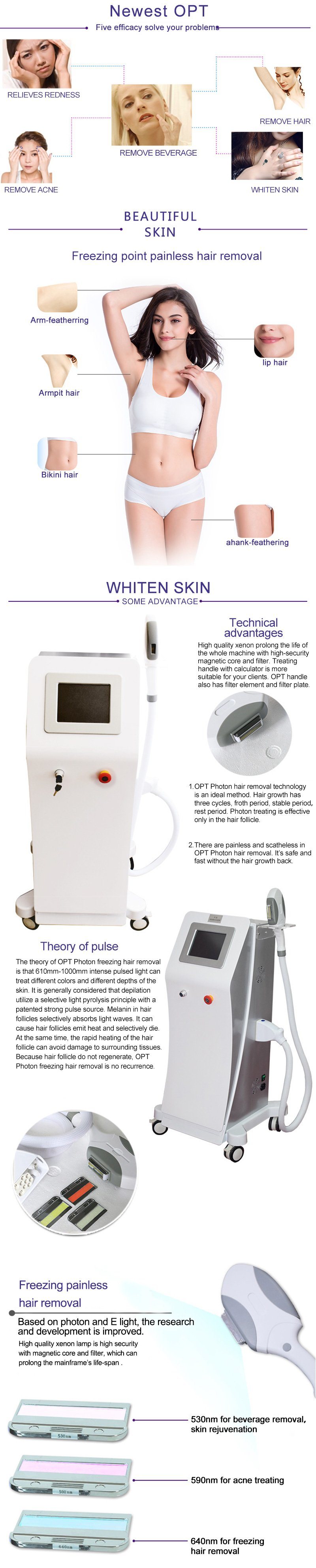 640nm for Freezing Hair Removal 590nm for Acne Treating IPL Shr Opt Laser Equipment