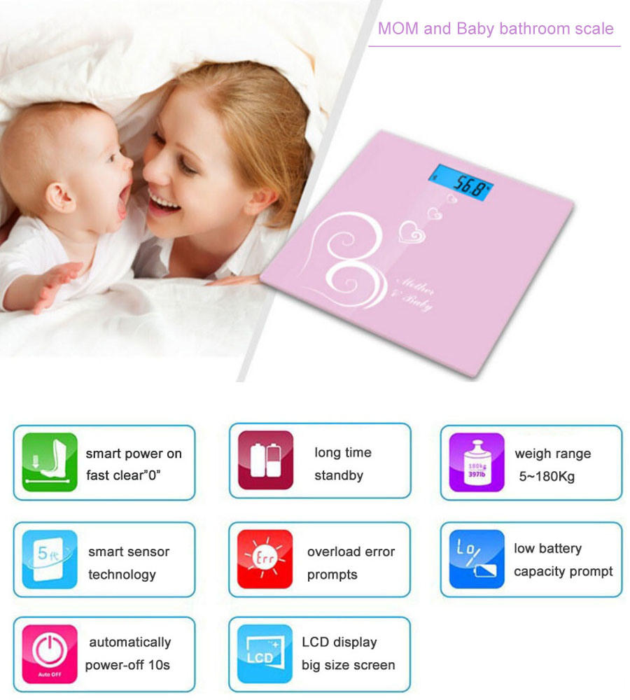 Electronic Mom and Baby Bathroom Scale Clear Glass Platform Inner 2* AAA Batteries Compliant for Ce, RoHS, FCC