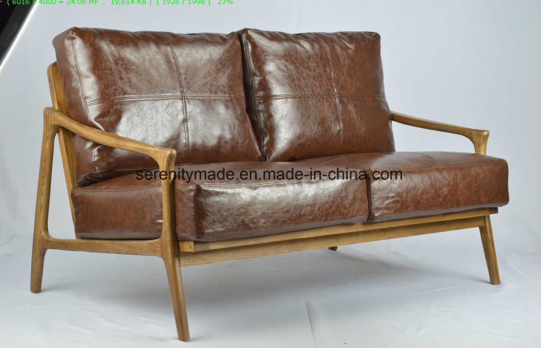 Vintage MID-Century 2 Seater Wood Frame Modern Brown Leather Sofa