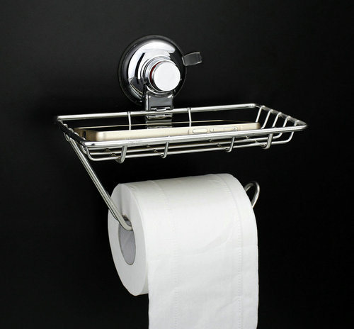 Bathroom Wall Suction Cup Roll Paper Rack with Cellphone Storage Shelf