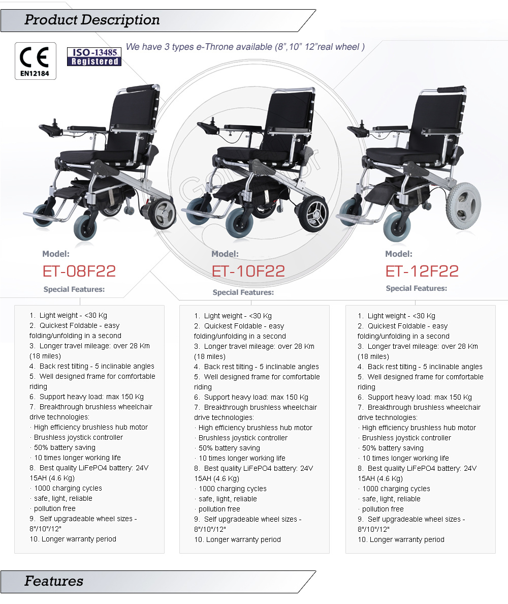 FDA 8 Inch Light Weight Brushlesss Foldable Electric Power Wheelchair