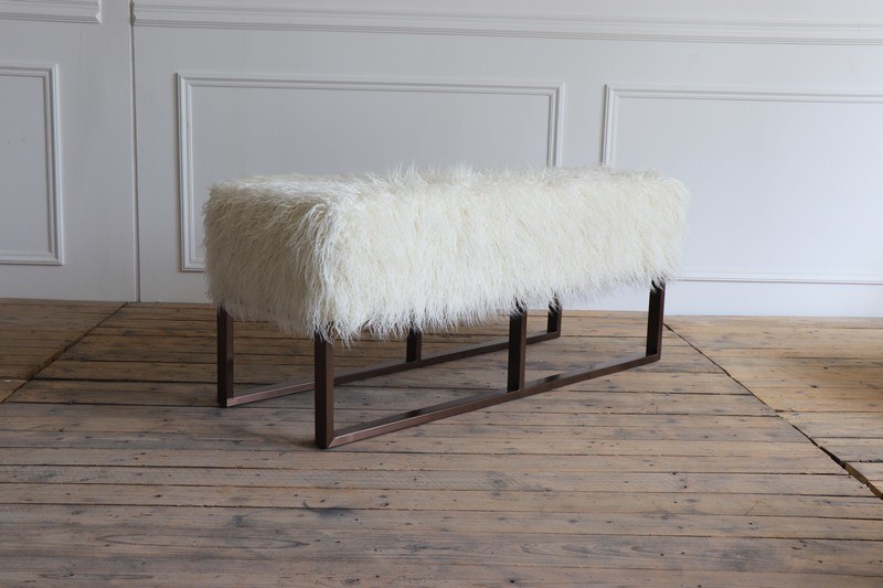 Plating Copper Color Stainless Steel Base White Color Faux Fur Ottoman Bench