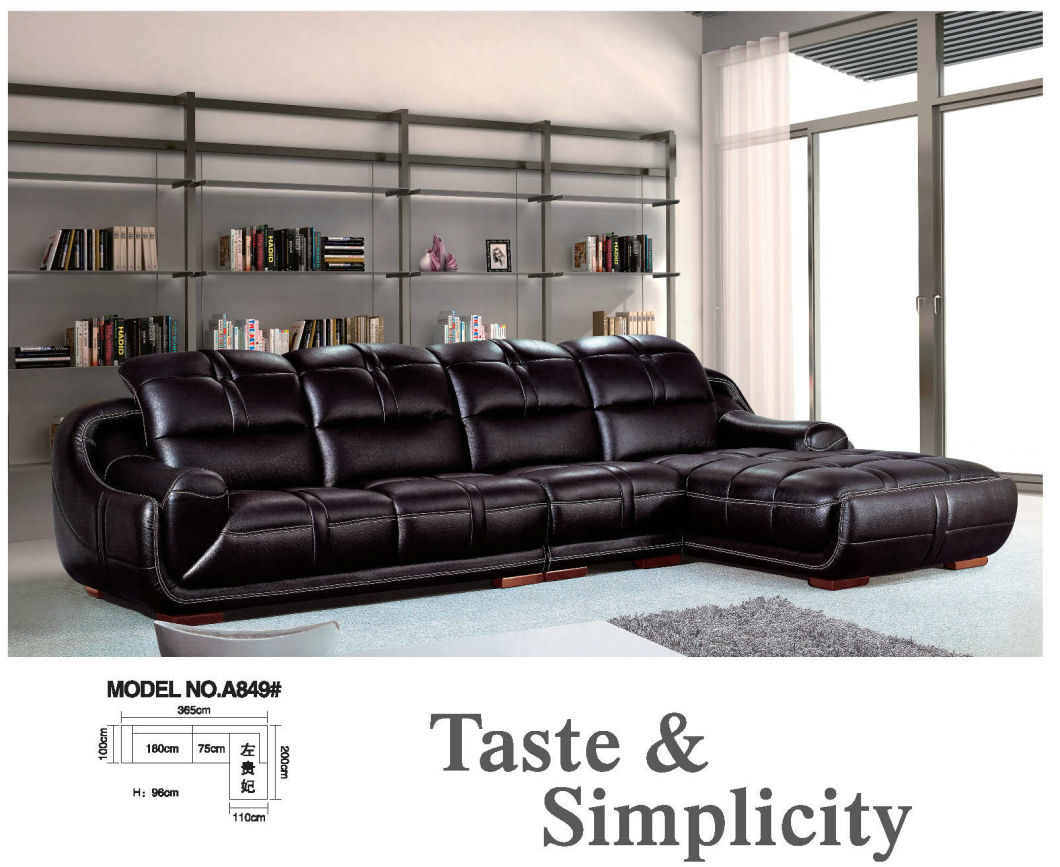 Black Top Grain Leather Sofa with Corner (A849)