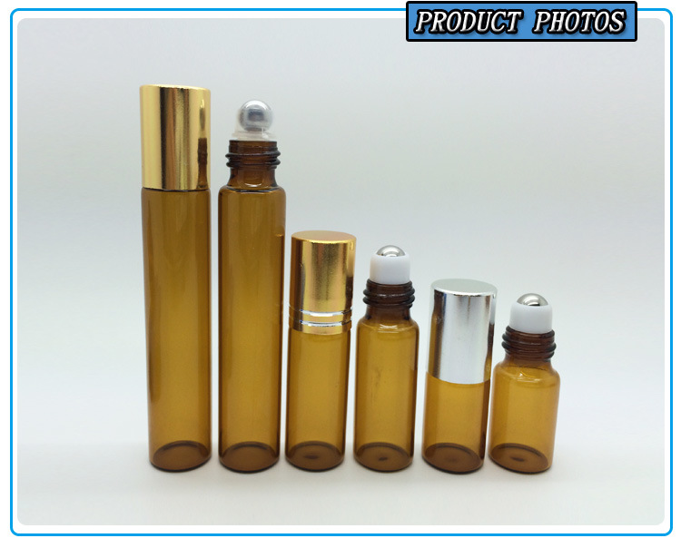 10ml Amber Glass Perfume Roll on Bottle with Silver Lid and Stainless Steel Roller Ball