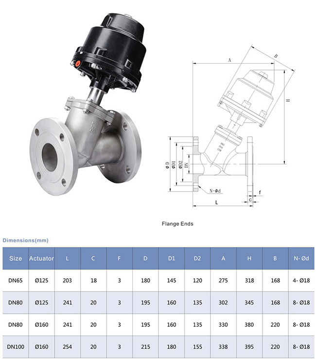 Stainless Steel SS316 SS304 Flange End Pneumatic Angle Seat Valve