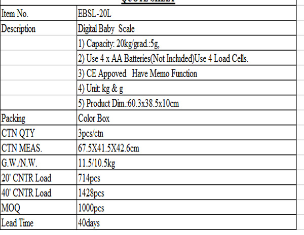 Ce Approved Medical Electronic Baby Body Weighing Scale (EBSL-20L)