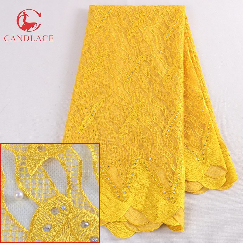 New Product Yellow Color Netting Beaded Embroidered Tulle Lace Fabric