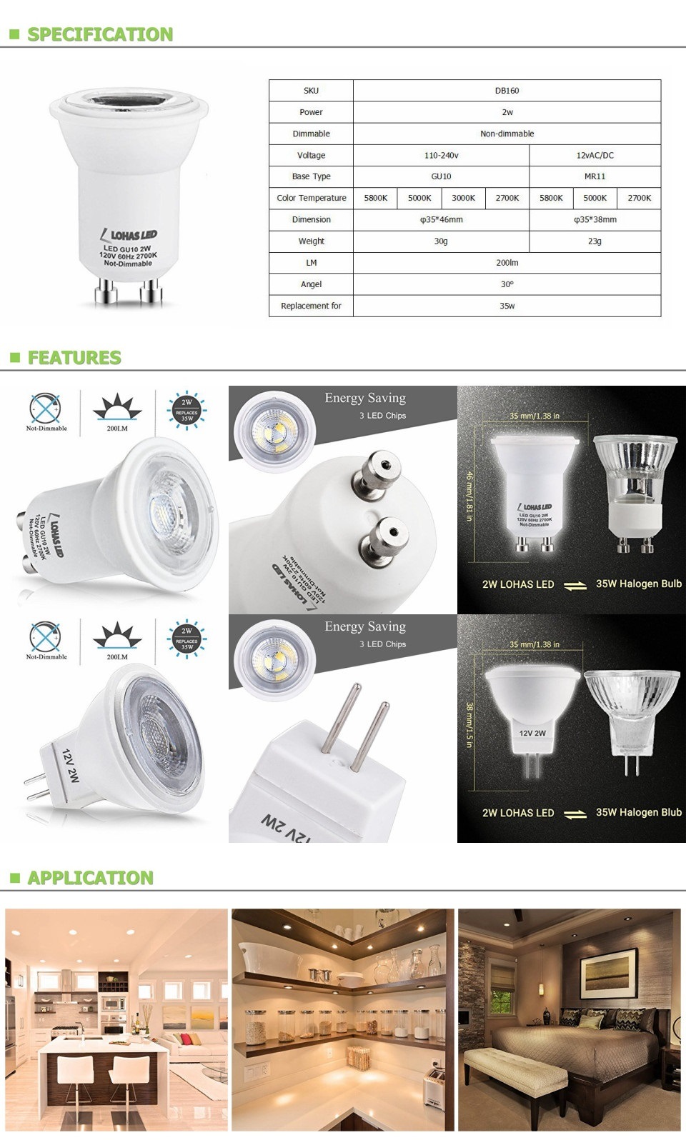 GU10 Lighting 2W Ce RoHS LED Spotlight Bulb Cup Lamp