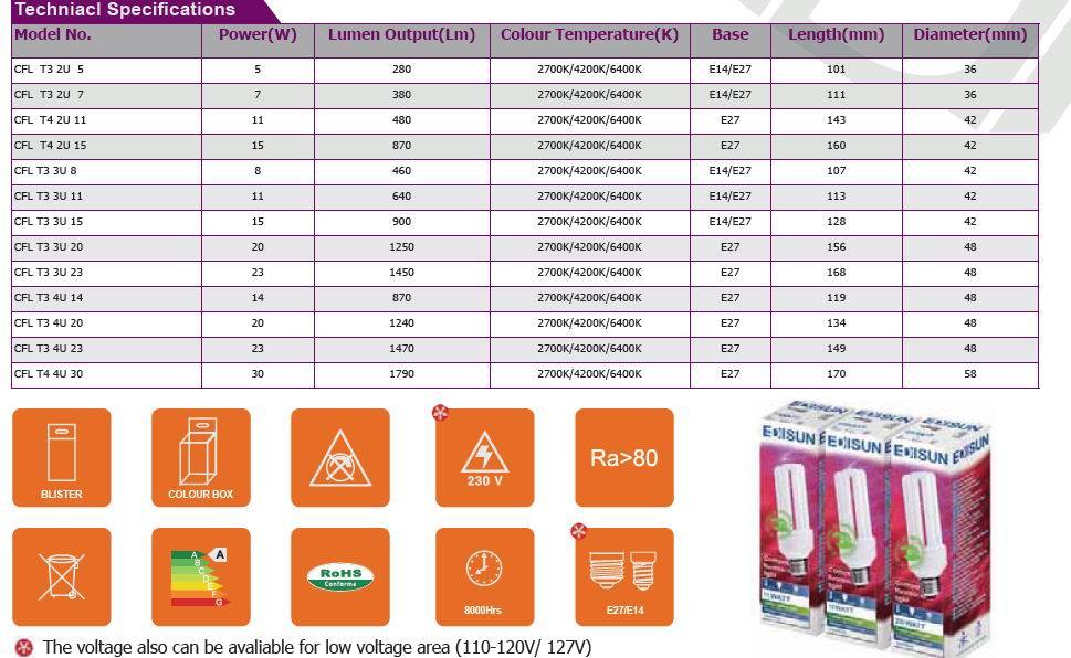 Hot Sale 3u 15W 18W 23W E27 CFL Energy Saving Lamps