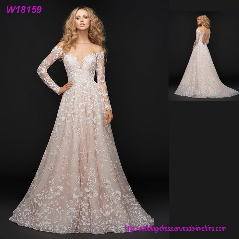 2017 Long Sleeves White Lace Appliqued Luxury Bridal Ball Gown Wedding Dress