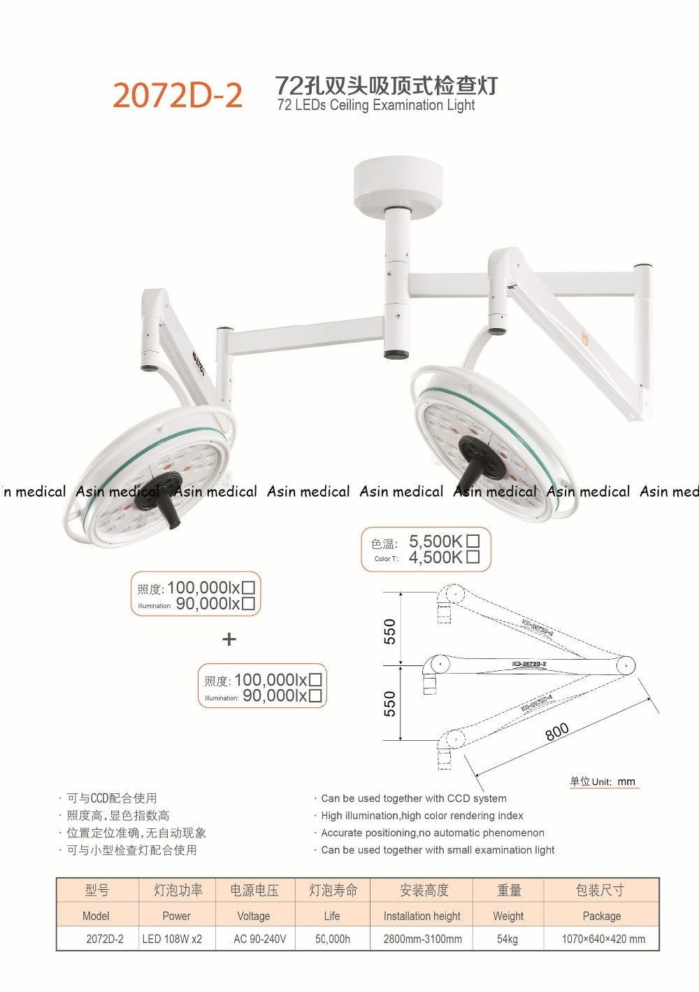 High Quality 2PCS 108W LED Surgical Medical Exam Light 72 Holes LED Ceiling Examination Light Ce FDA Approval