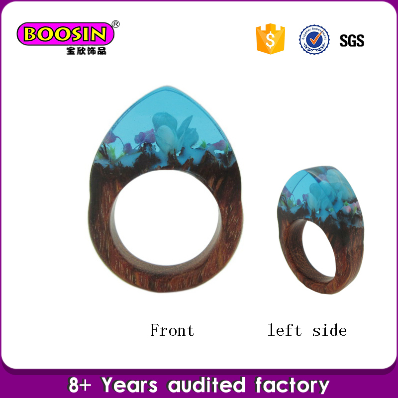 Custom Fashion Real Flower Jewelry Natural Wood and Resin Rings