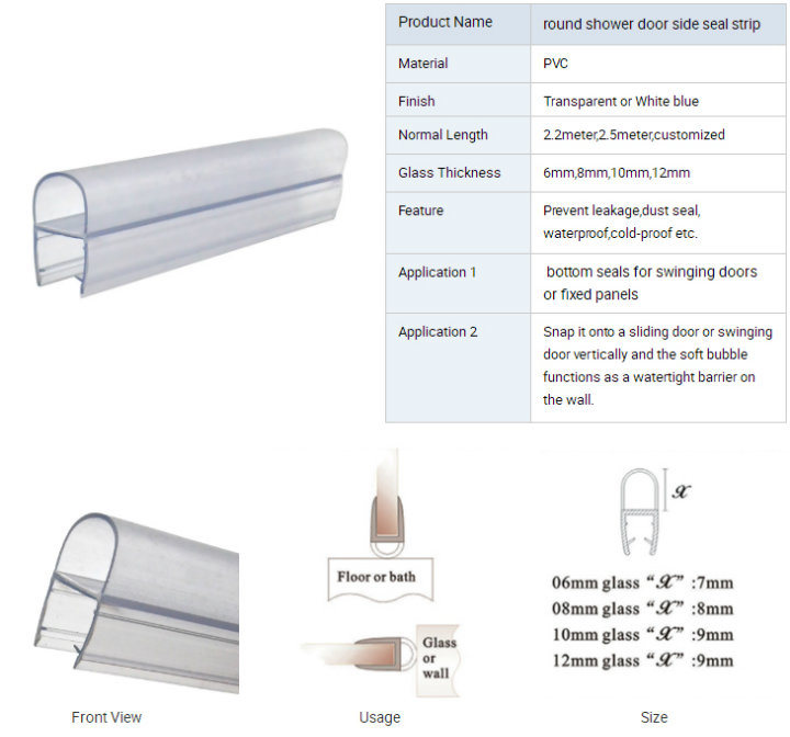 PVC Plastic PE Clear Silicone Rubber Round Shower Door Bottom Seal Waterproof Bathroom Glass Side Door Seal Strip Sliding Door Seal for 6mm 8mm 10mm 12mm Glass