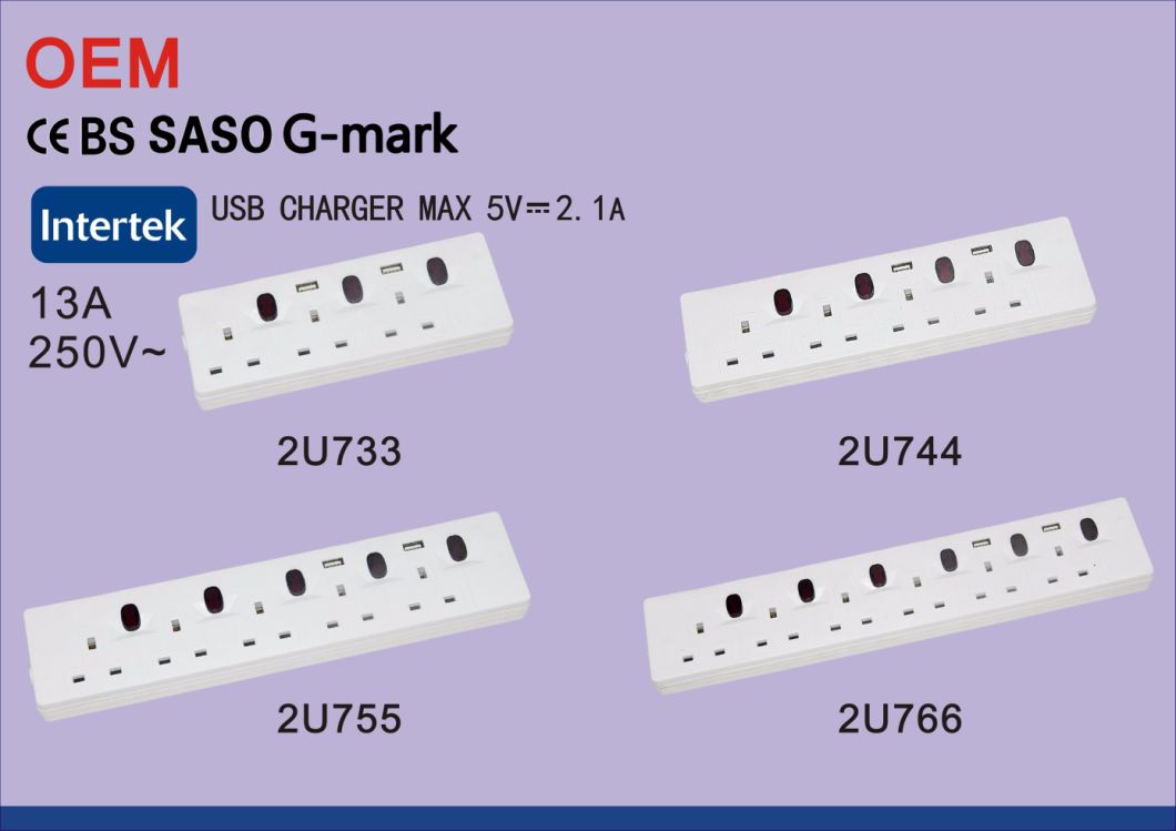 Saso Ce G-Mark Gcc UK 13A 6-Gang Indoor Power Socket with 1m 2m 3m 5m