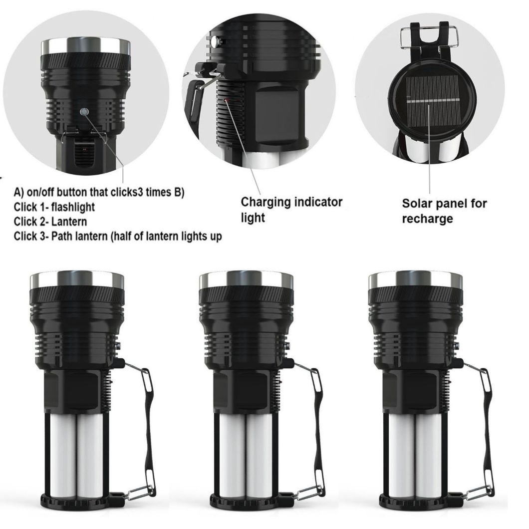 Top Rated Handheld Torch Solar or AC Rechargeable Ultra Bright Portable LED Camping Lantern and 500 Lumen Flashlight