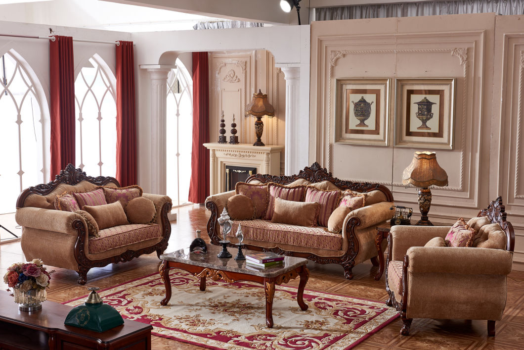 Solid Wood Sofa Sets Luxurious Fabric Sofa Sets 1+1+3 Antique Design 1 Seat Sofa 3 Seat Sofa Home Furniture