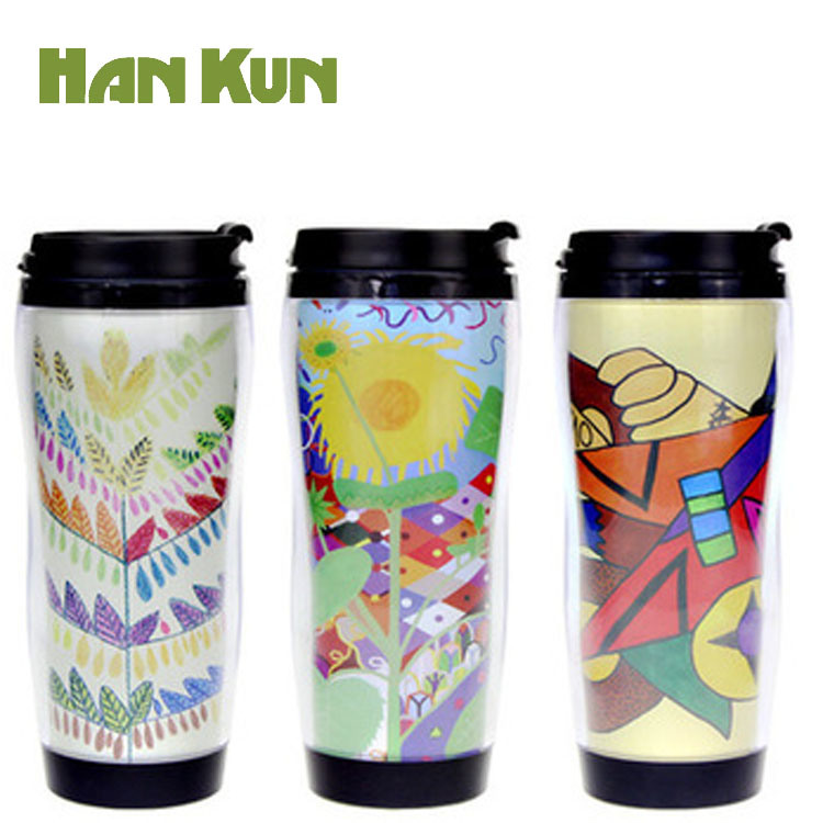 Custom Logo Promotional Double Wall Coffee Plastic Thermo Mug with Paper Insert