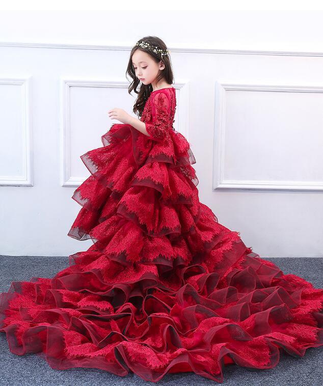 Puffy Girls Wedding Gonws Lace Stage Performance Red 3/4 Sleeves Flower Girl Dress F1511