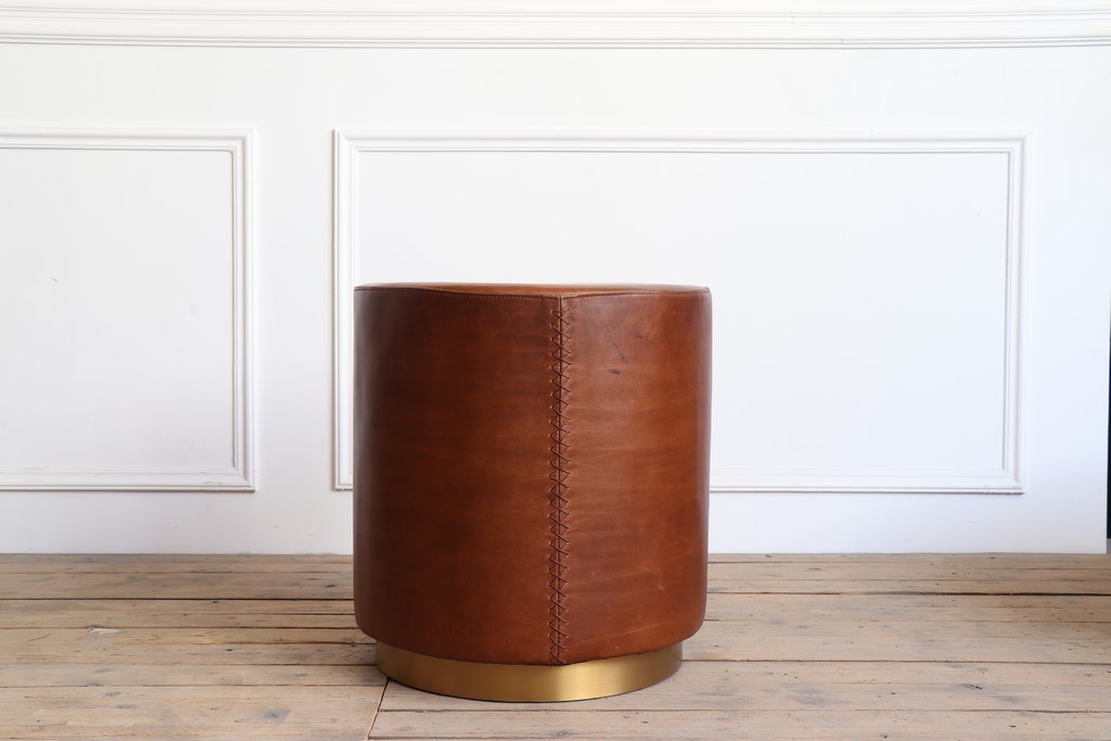 Vintage Brown Leather Top and Plating Gold Color Brushed Round Bottom Coffee Table Side Table