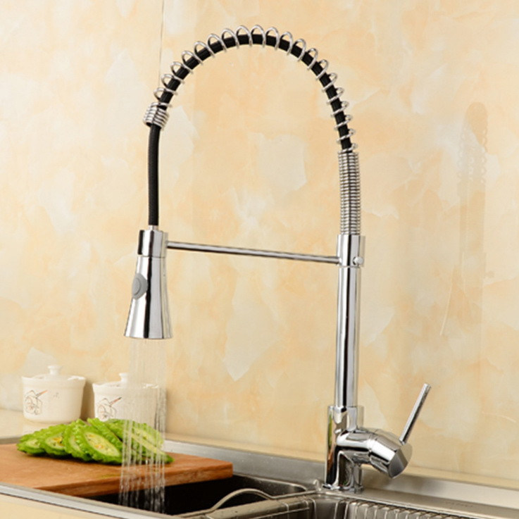 Pullable Spring Double Effluent Chrome Plated Revolve Kitchen Faucet