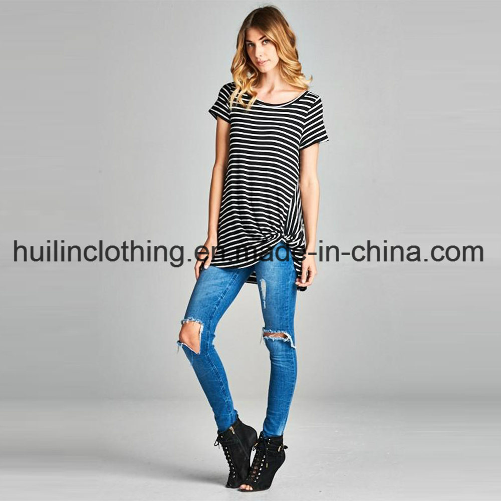 Knit Wear OEM Womnen Short Sleeve Striped Knot T Shirt