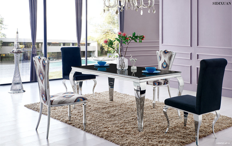 Modern Black Gloss Glass Stainless Steel Dining Table Set with Chair